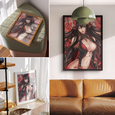 Sieninis plakatas Anime grožio elegancija, dinamiška raudona juoda