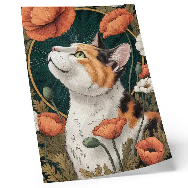 Plakatas katė tarp aguonų iliustracijos stiliaus gamtos vaizdinys
