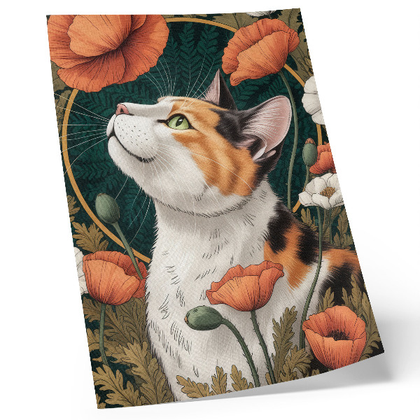 Plakatas Katė tarp aguonų, iliustracijos stilius, gamta