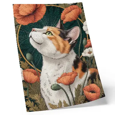 Plakatas katė tarp aguonų iliustracijos stiliaus gamtos vaizdinys