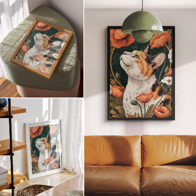 Plakatas Katė tarp aguonų, iliustracijos stilius, gamta