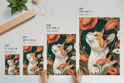 Plakatas katė tarp aguonų iliustracijos stiliaus gamtos vaizdinys