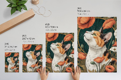 Plakatas Katė tarp aguonų, iliustracijos stilius, gamta