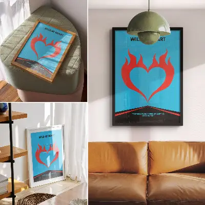 Dekoratyvinis plakatas raudonos liepsnos širdies dizainas mėlyname fone moderniu stiliumi