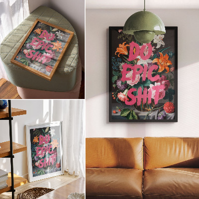 Sieninis plakatas Rožinės raidės spalvingų gėlių fone