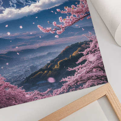 Dekoratyvinis plakatas Kalnai ir žydinčios sakuros su rausvu dangumi