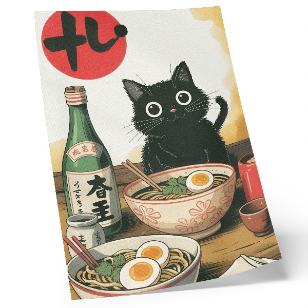 Dekoratyvinis plakatas Juodos katės rameno sake butelis su japonišku motyvu