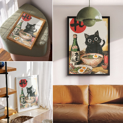 Dekoratyvinis plakatas Juodos katės rameno sake butelis su japonišku motyvu