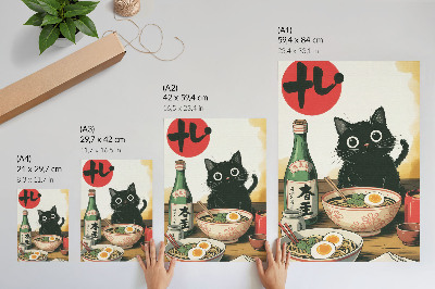 Dekoratyvinis plakatas Juodos katės rameno sake butelis su japonišku motyvu