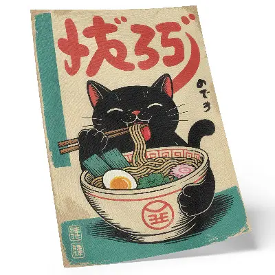 Sieninis plakatas juodos katės su rameno dubenėliu japoniško retro stiliaus