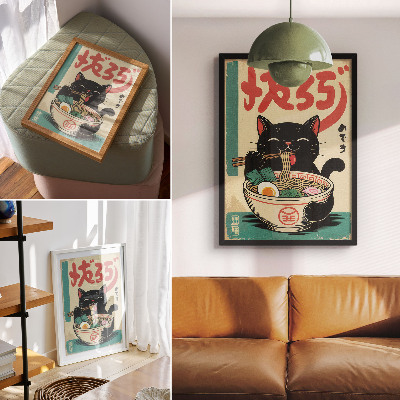 Sieninis plakatas Juodos katės rameno dubenėlis japonų retro įkvėpimas