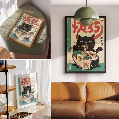 Sieninis plakatas juodos katės su rameno dubenėliu japoniško retro stiliaus