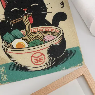 Sieninis plakatas juodos katės su rameno dubenėliu japoniško retro stiliaus