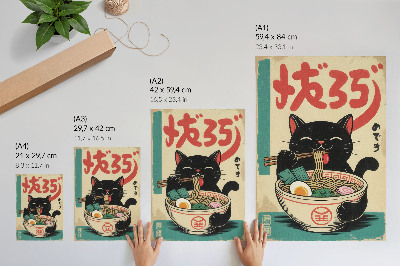 Sieninis plakatas Juodos katės rameno dubenėlis japonų retro įkvėpimas