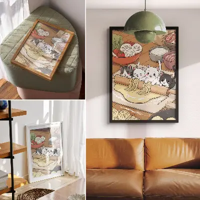 Plakatas svetainei su kačiukų virtuvėje šiltomis paletėmis iliustracija
