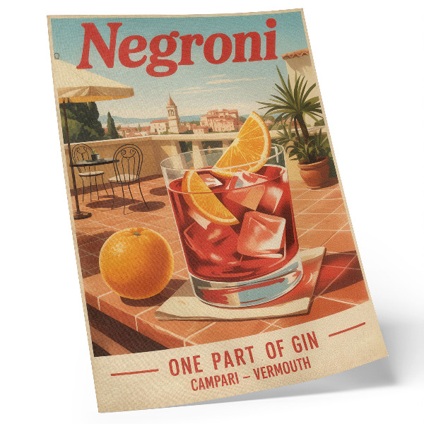 Plakatas svetainei Apelsinų gėrimas terasoje, retro stiliaus atmosfera