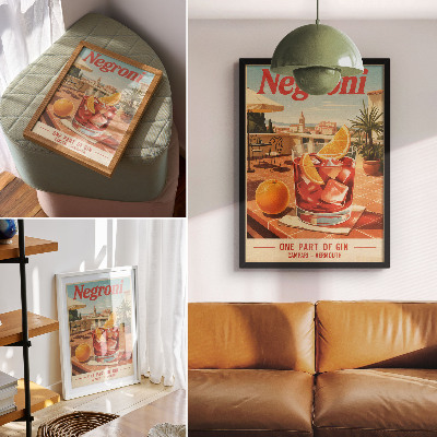Plakatas svetainei Apelsinų gėrimas terasoje, retro stiliaus atmosfera