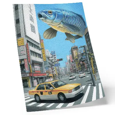 Plakatas svetainei siurrealistinė miesto gatvė su žuvies motyvu