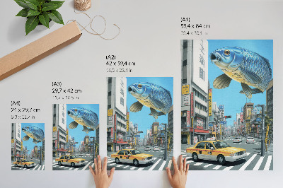 Plakatas svetainei Miesto siurrealizmas žuvis moderni gatvė