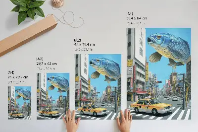 Plakatas svetainei siurrealistinė miesto gatvė su žuvies motyvu