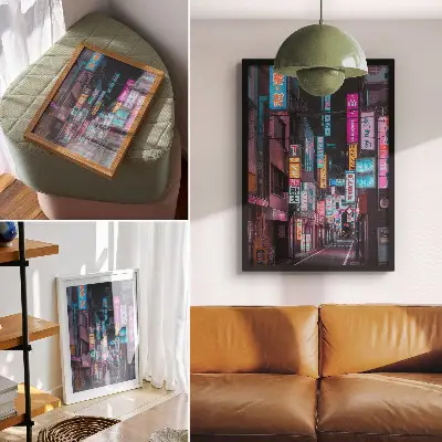 Plakatas naktinio miesto vaizdas su turkio ir rožinės spalvos neoninėmis šviesomis