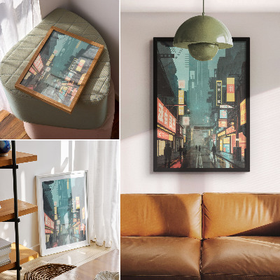 Dekoratyvinis plakatas Miesto naktinis vaizdas su retro futuristiniu stiliumi ir neoninėmis šviesomis