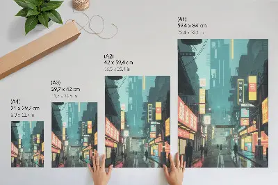 Dekoratyvinis plakatas miesto naktinis vaizdas retro futuristiniu stiliumi su neoninėmis šviesomis