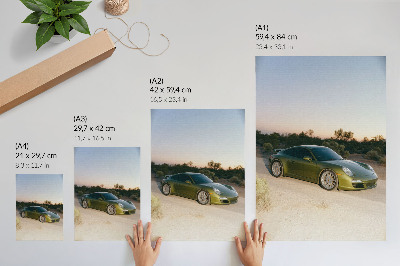 Sieninis plakatas Sportinis automobilis žalias dykumos saulėlydis