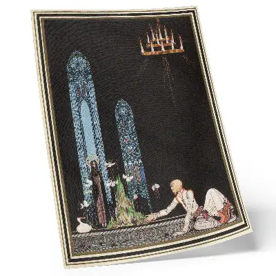 Sieninis plakatas su Kay Nielsen iliustracija knygai „Į rytus nuo saulės ir į vakarus nuo mėnulio“ (Aubrey Beardsley stilius)