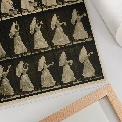 Plakatas svetainei Eadweard Muybridge darbas Moteris, kelianti krepšį ir mojuojanti nosine, sukurtas apie 1887 m.
