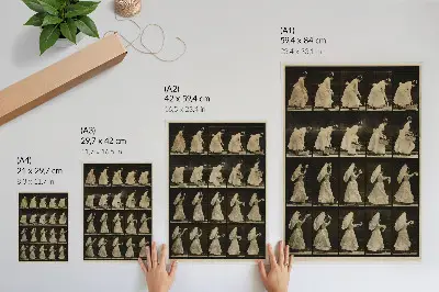 Plakatas svetainei Eadweard Muybridge darbas Moteris, kelianti krepšį ir mojuojanti nosine, sukurtas apie 1887 m.