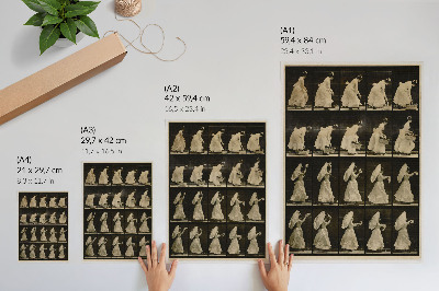Plakatas svetainei Moteris, kelianti krepšį ir mojuojanti nosine (apie 1887 m.), Eadweard Muybridge