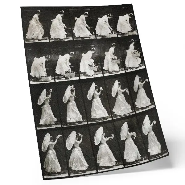 Plakatas Eadweardo Muybridge'o nuotrauka „Moteris, kelianti krepšį ir mojuojanti nosine“ (1887 m.)