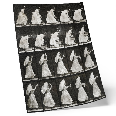 Plakatas Moteris, kelianti krepšį ir mojuojanti nosine (1887 m.) – Eadweardo Muybridge'o nuotrauka