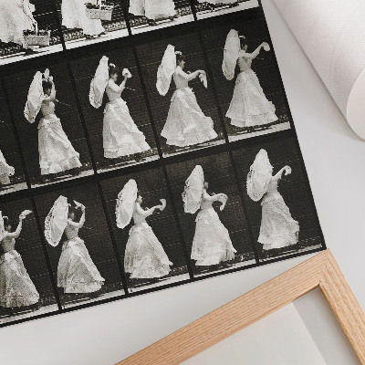 Plakatas Moteris, kelianti krepšį ir mojuojanti nosine (1887 m.) – Eadweardo Muybridge'o nuotrauka