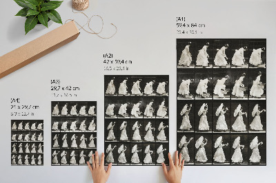 Plakatas Moteris, kelianti krepšį ir mojuojanti nosine (1887 m.) – Eadweardo Muybridge'o nuotrauka