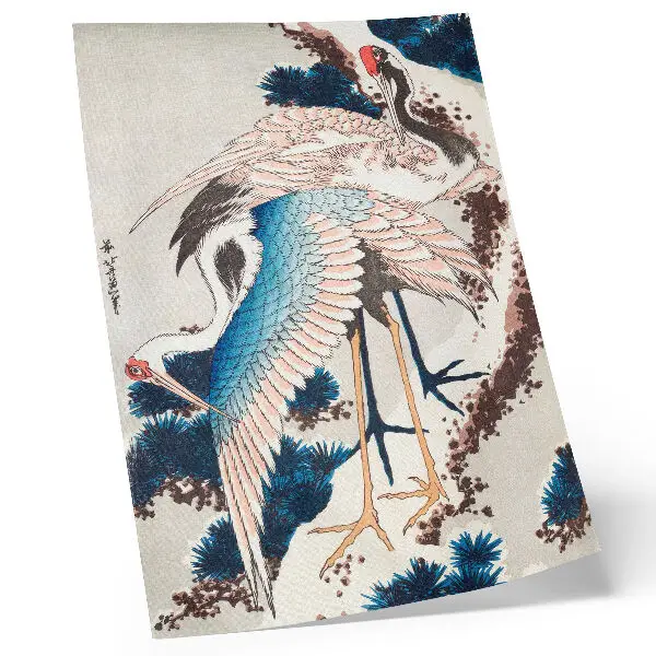 Dekoratyvinis plakatas Katsushiki Hokusai 1834 m. kūrinys „Gervės sniegu padengtame medyje“, perteikiantis senovinį medžio raižinį