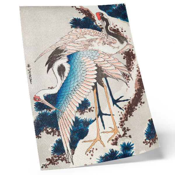 Dekoratyvinis plakatas Katsushiki Hokusai (1834 m.) paveikslas „Gervės sniegu padengtame medyje“, senovinis medžio raižinys