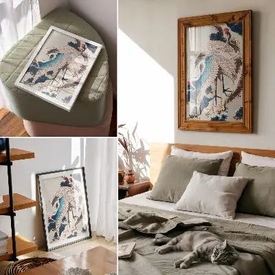Dekoratyvinis plakatas Katsushiki Hokusai 1834 m. kūrinys „Gervės sniegu padengtame medyje“, perteikiantis senovinį medžio raižinį