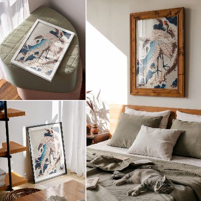 Dekoratyvinis plakatas Katsushiki Hokusai (1834 m.) paveikslas „Gervės sniegu padengtame medyje“, senovinis medžio raižinys