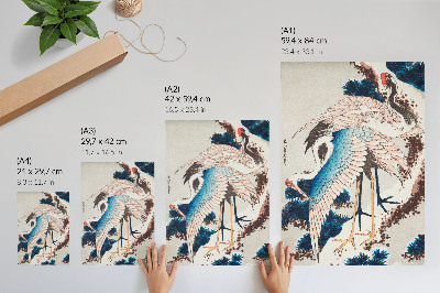 Dekoratyvinis plakatas Katsushiki Hokusai (1834 m.) paveikslas „Gervės sniegu padengtame medyje“, senovinis medžio raižinys