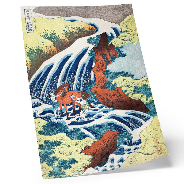 Sieninis plakatas Hokusai senovinis japoniškas medžio drožinys, kuriame pavaizduotas Jošicunės krioklys Jošino mieste, Izumio provincijoje (1833–1834 m.)