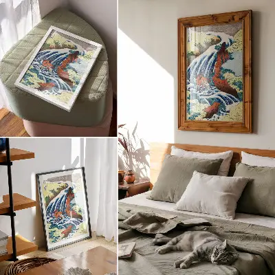 Sieninis plakatas Hokusai japoniškas medžio drožinys su Jošicunės kriokliu (1833–1834 m.)