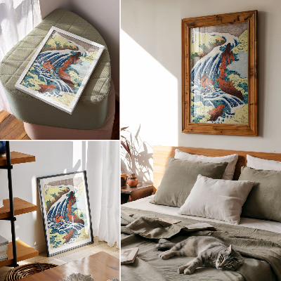 Sieninis plakatas Hokusai senovinis japoniškas medžio drožinys, kuriame pavaizduotas Jošicunės krioklys Jošino mieste, Izumio provincijoje (1833–1834 m.)