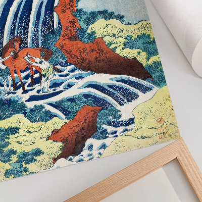 Sieninis plakatas Hokusai senovinis japoniškas medžio drožinys, kuriame pavaizduotas Jošicunės krioklys Jošino mieste, Izumio provincijoje (1833–1834 m.)