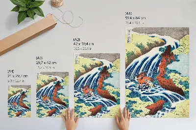 Sieninis plakatas Hokusai japoniškas medžio drožinys su Jošicunės kriokliu (1833–1834 m.)