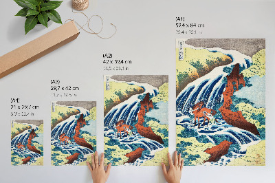 Sieninis plakatas Hokusai senovinis japoniškas medžio drožinys, kuriame pavaizduotas Jošicunės krioklys Jošino mieste, Izumio provincijoje (1833–1834 m.)