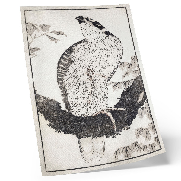 Plakatas svetainei Katsushikos Hokusai „Paukštis iš eskizų albumo“ (1814 m.), senovinis japoniškas medžio drožinys