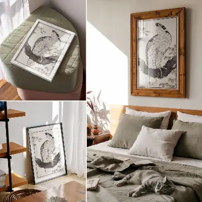 Plakatas svetainei Katsushiko Hokusai „Paukštis iš eskizų albumo“ (1814 m.), senovinis japoniškas medžio raižinys