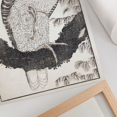 Plakatas svetainei Katsushikos Hokusai „Paukštis iš eskizų albumo“ (1814 m.), senovinis japoniškas medžio drožinys